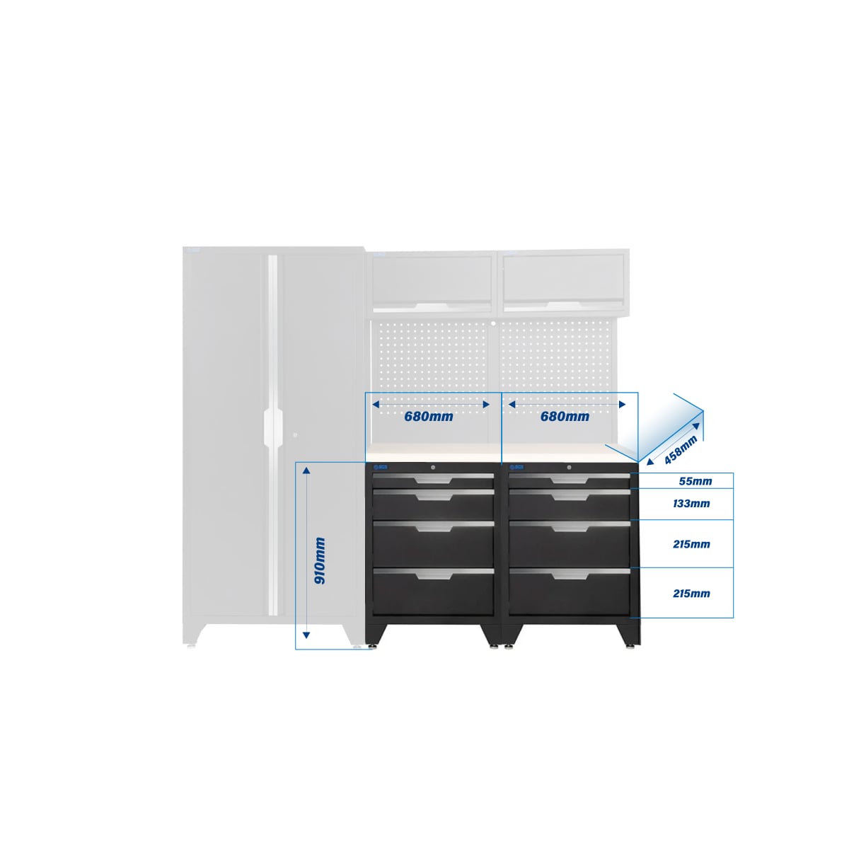 SGS 7pc Modular Garage Storage | 8 Drawers | Plywood Worktop | 2x Upper Cabinets | Tall Double Cabinet